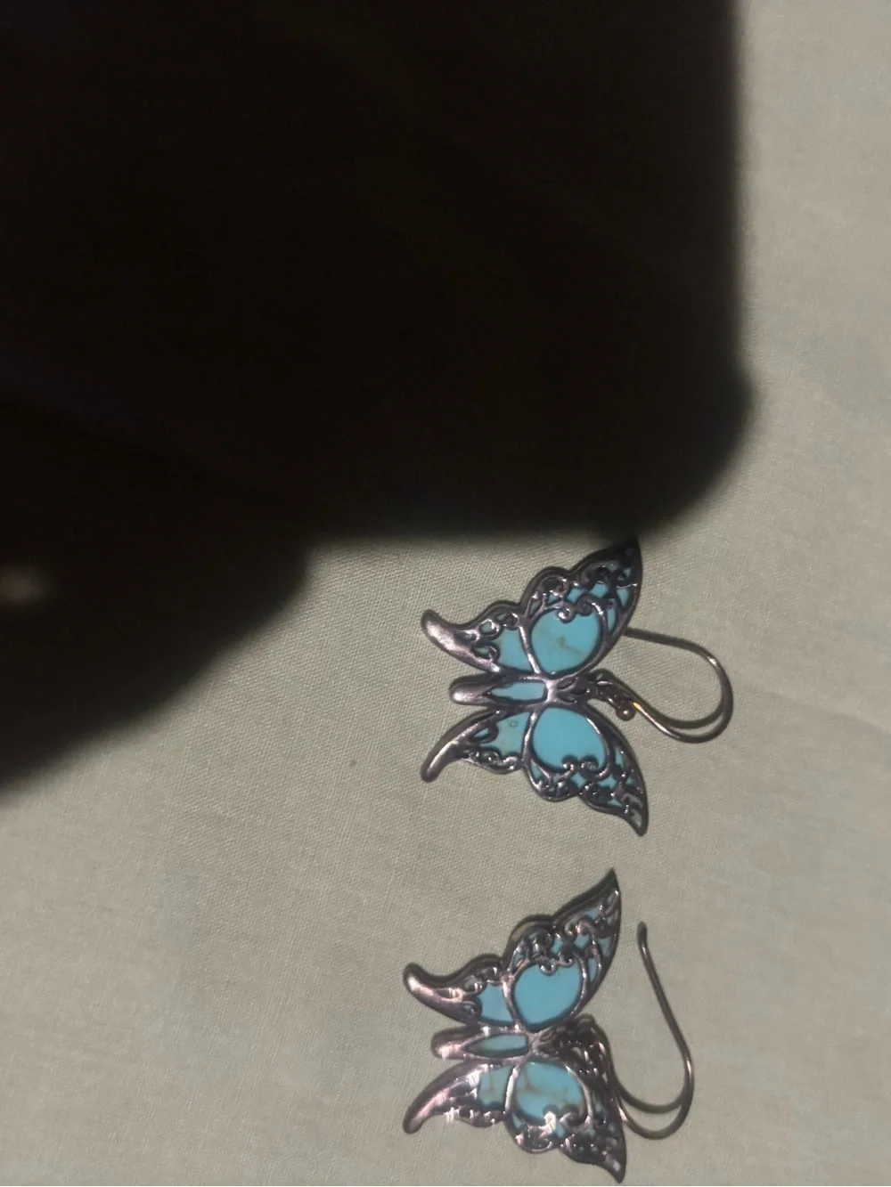 Butterfly Drop Earrings — Turquoise and Silver Tone